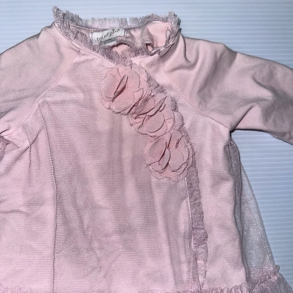 Girl Mud Pie Blouse 3-6M Pink ruffle baby flowers fancy tulle embellishment